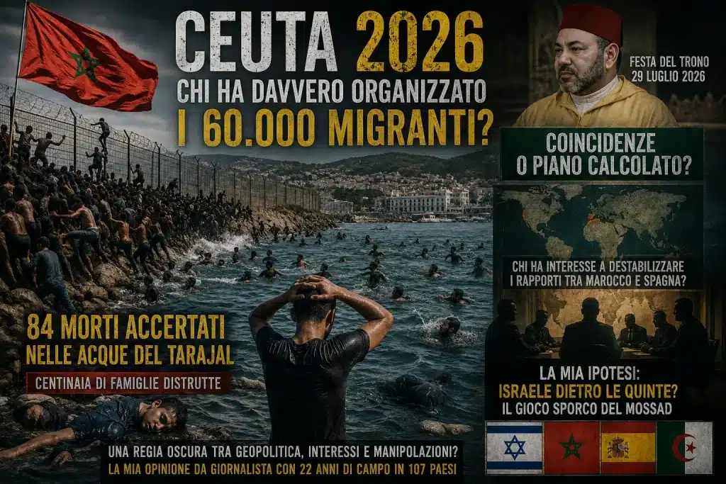 Ceuta 2026 - Illustrazione editoriale della crisi migratoria al confine tra Marocco e Spagna