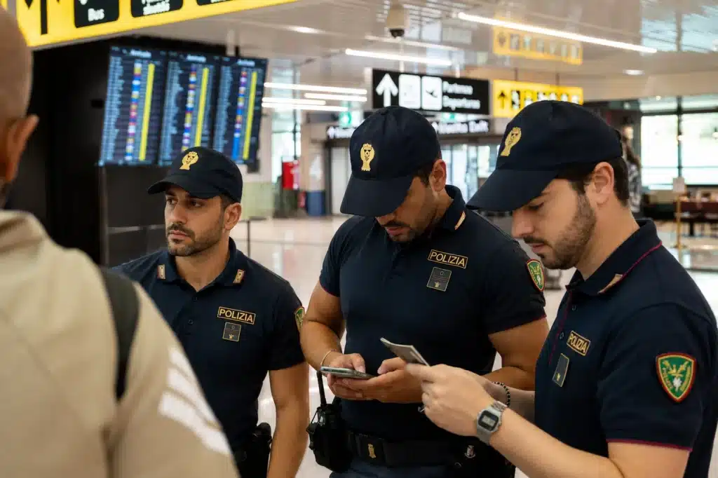 Controlli di frontiera Italia-Spagna con agenti di polizia in aeroporto