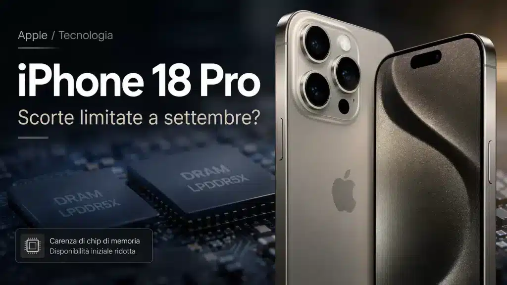 Render concettuale di iPhone 18 Pro con chip DRAM e possibile disponibilità limitata a settembre 2026