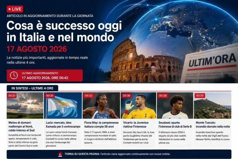 Ultima ora 17 agosto 2026: cosa è successo oggi in Italia e nel mondo