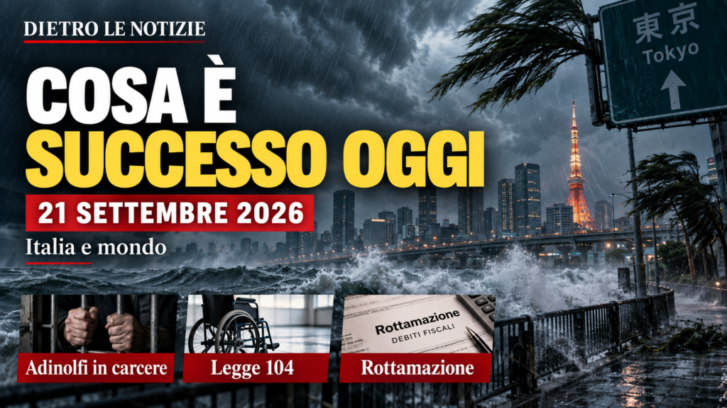 Miniatura delle principali notizie del 21 settembre 2026: tifone Dujuan in Giappone, Mario Adinolfi, Legge 104 e rottamazione quinquies