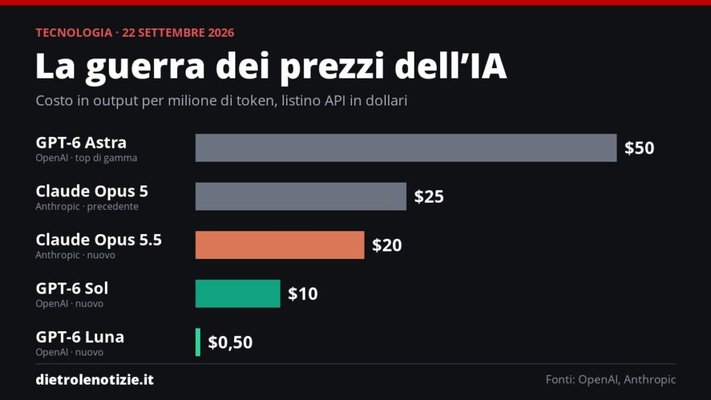 Grafico prezzi API per milione di token in output: GPT-6 Astra 50 dollari, Claude Opus 5 25, Claude Opus 5.5 20, GPT-6 Sol 10, GPT-6 Luna 0,50