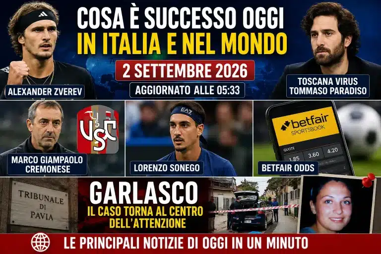 Notizie 2 settembre 2026 in Italia e nel mondo: Zverev, Toscana virus, Giampaolo, Sonego e caso Garlasco