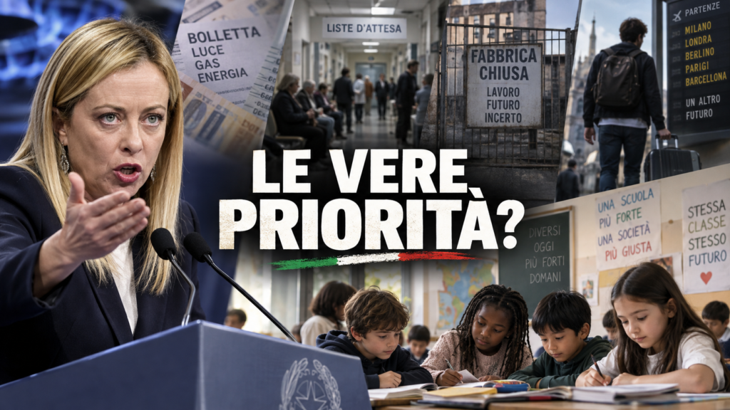 Giorgia Meloni durante un discorso sul tema scuola e immigrati mentre sullo sfondo studenti italiani e stranieri in classe