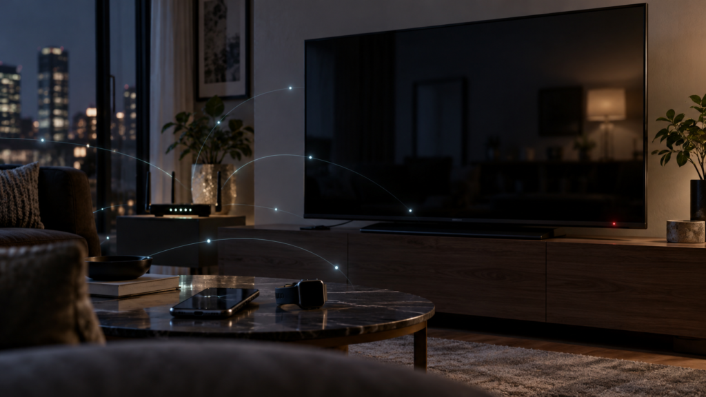 Smart TV LG in standby con smartphone, smartwatch e router collegati alla rete domestica