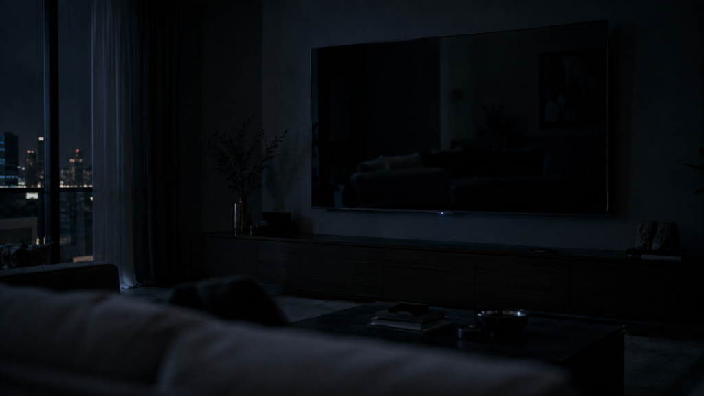 TV a schermo nero al buio con la sola spia di standby accesa, simbolo della sorveglianza dalle smart TV