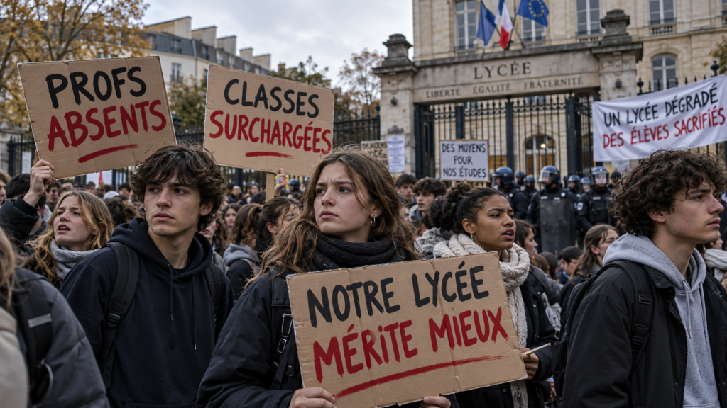 Studenti francesi protestano davanti a un liceo durante le mobilitazioni dell’ottobre 2026