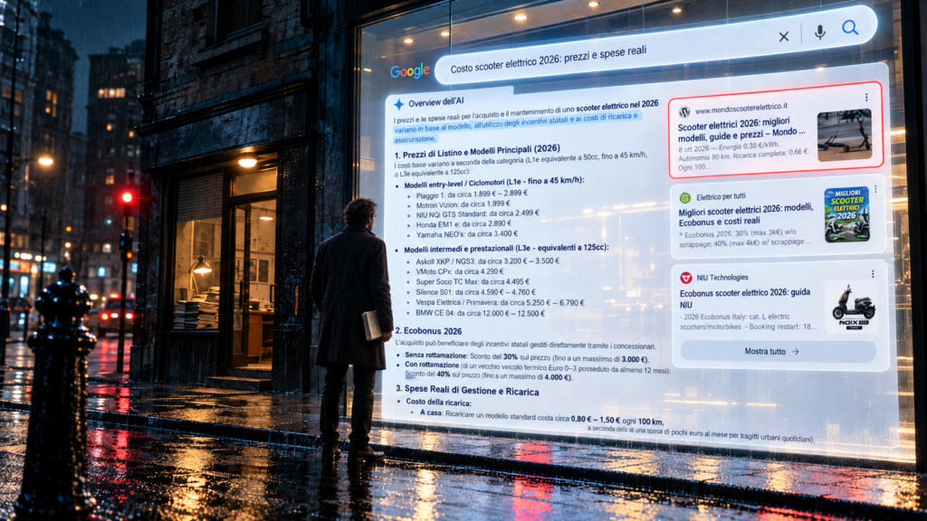 Google AI Overview mostra una risposta sui costi degli scooter elettrici con mondoscooterelettrico.it tra le fonti laterali