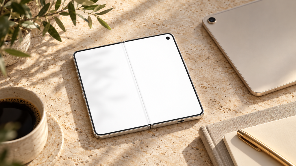 iPhone Duo aperto accanto a un tablet compatto, confronto con iPad mini